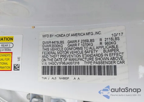 2018 Honda Accord Touring z USA, uszkodzony, nr VIN 1HGCV1F96JA007316